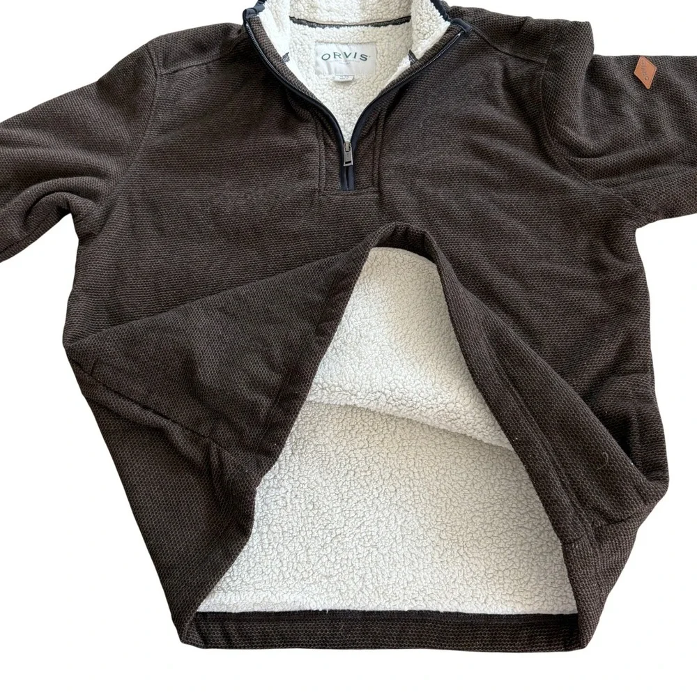 Orvis Men's XL Brown Honeycomb Textured Sherpa Lined Quarter Zip Fleece Pullover